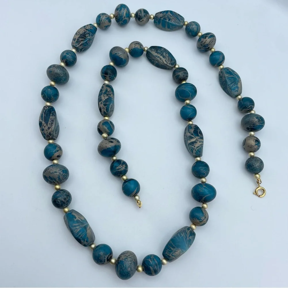 Gorgeous Blue Marbled Lucite Bead Necklace 30” Long Gold Tone Spacer Beads